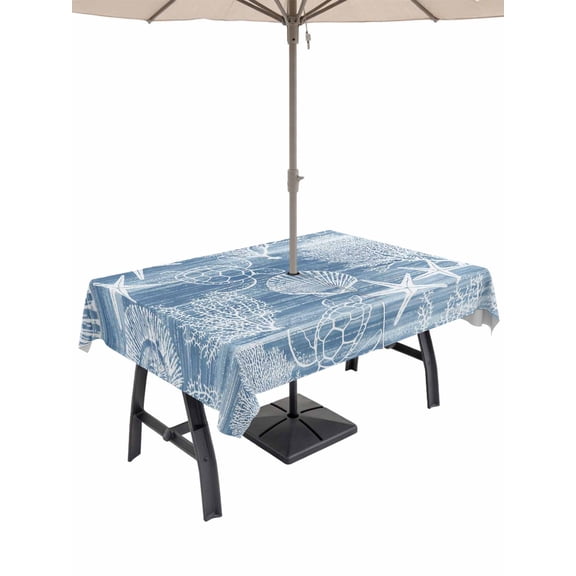 Outdoor Tablecloth with Umbrella Hole for Patio/Picnic/Party/Camping, Blue Coastal Waterproof Table Cloth Rectangle Table Cover Washable, Nautical Coral Starfish Shell Turtle Summer (60"x 84")