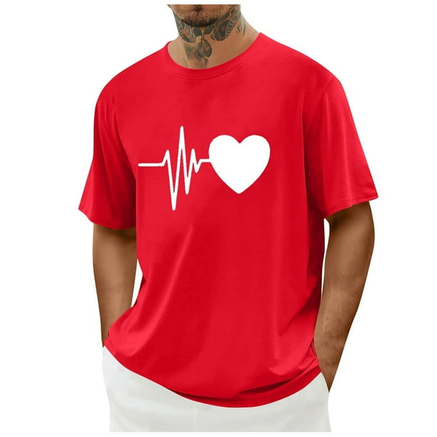 Tops para hombre, blusas y camisas de cuello redondo y manga corta para hombre. Camiseta/camisa informal de cuello redondo y manga corta con estampado de corazones para hombre. Tops de poliéster para