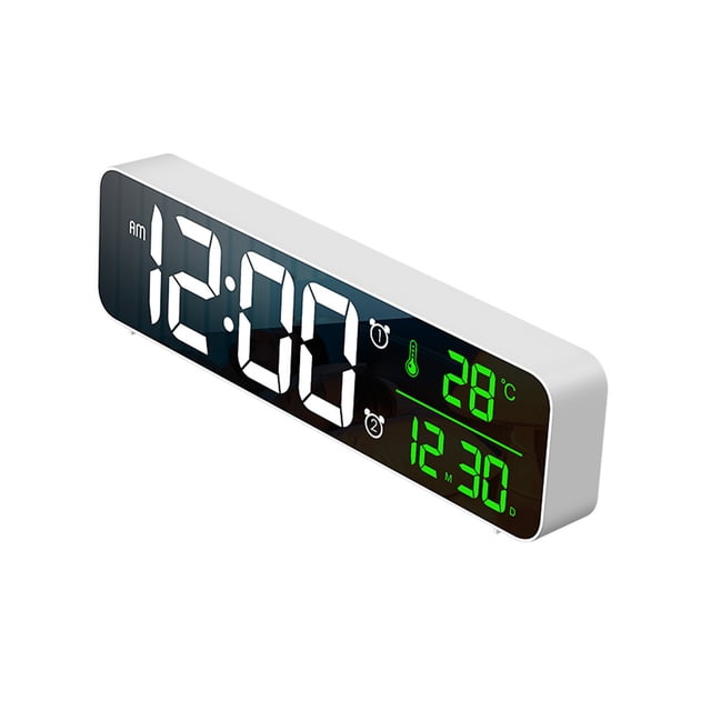 Graflsoa White LED Digital Clock with Date, Temperature, Music Alarm, USB Powered, Built-in Button Battery, Compact Design
