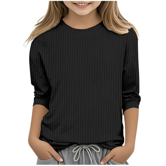 Povozer Girls Long Sleeve Shirts Plain Shirts Trendy Cute Shirt Kids Crewneck T Shirts Girls Tops(Black,11-12Y)