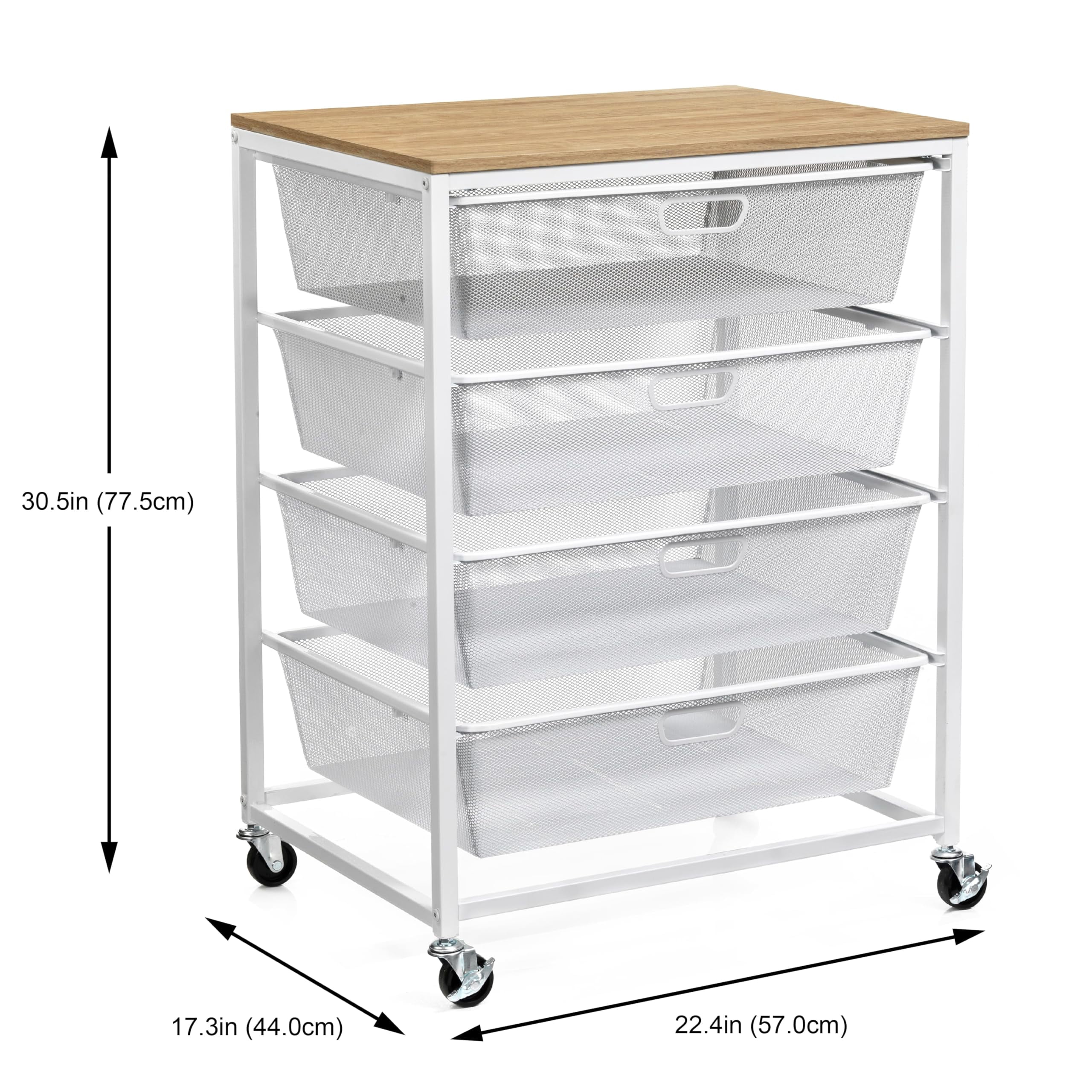 Metro White 4 Drawer Rolling Cart by Simply Tidy - Mobile Storage Organizer with Mesh Drawers & Woodgrain Top - Large Workspace for Craft - Office & Home Organization - 1 Pack