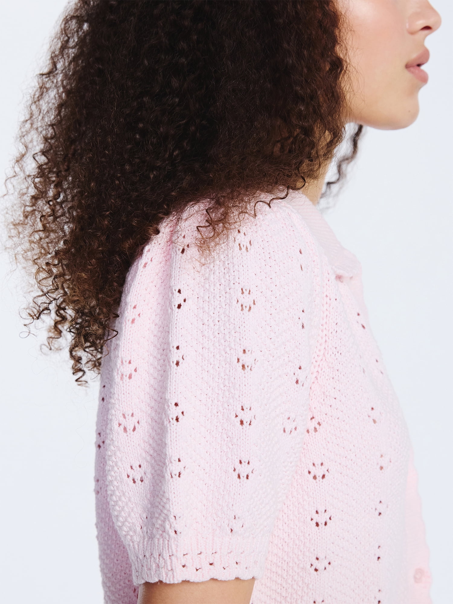Free Assembly Women's and Women's Plus Cotton Pointelle Cardigan Sweater with Short Sleeves, Lightweight, Sizes XS-4X