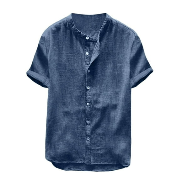 TSADFHJI Dress Shirts for Men Cotton Fall Shirts Solid Baggy Linen Color Tops Men's Blouse Cotton T Short Sleeve Retro Men's Blouse M Navy