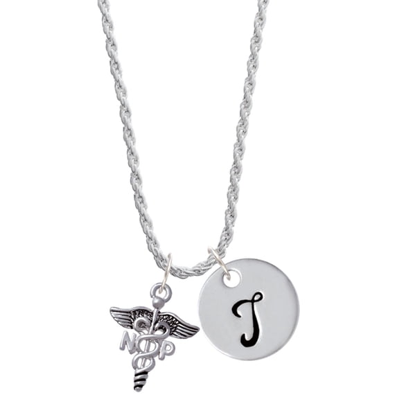 Delight Jewelry Silvertone Caduceus - NP Silvertone Script Initial Disc - T - Charm Necklace, 20"+3"