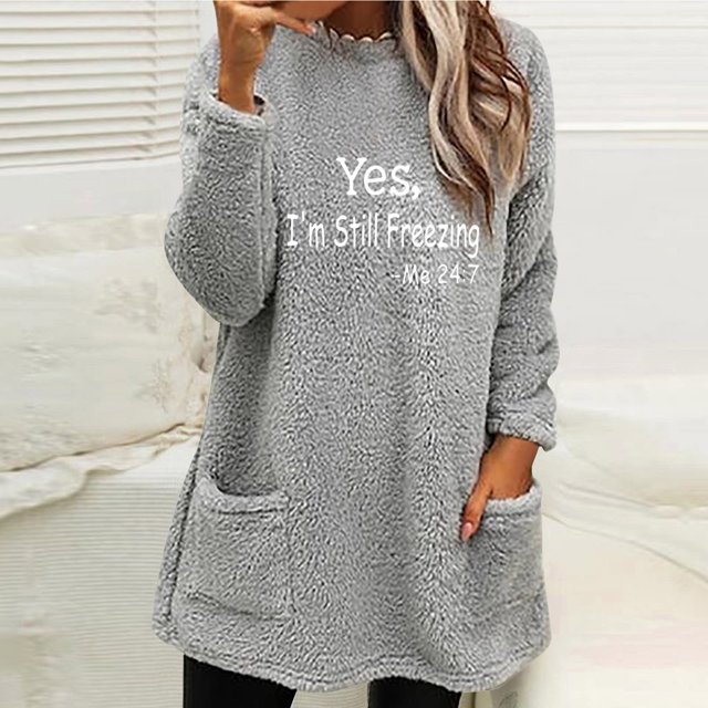 DPTALR Women's Round- Neck And Winter Loose Print Pocket Warm Long Sleeve Blouse Tops