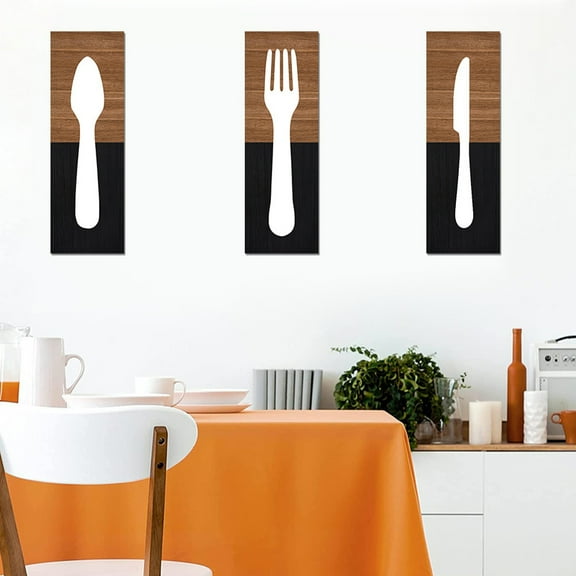 KALLORY 3Pcs Wooden Wall Hanging Farmhouse Kitchen Decor Fork Cutter Spoon Sign Rustic Style 11.8X3.9in