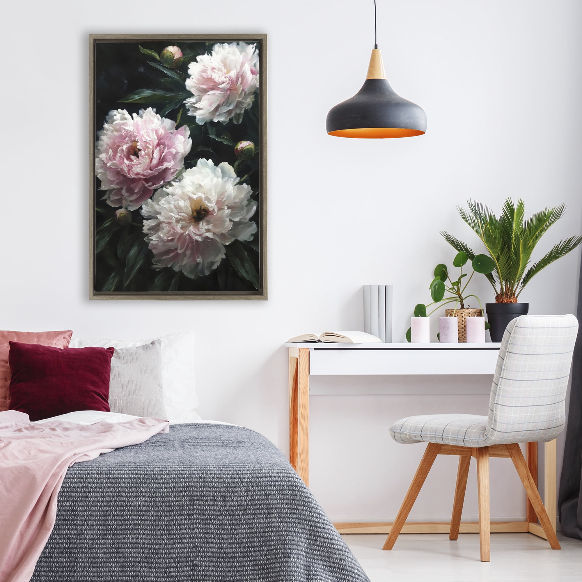 Stupell Industries Soft Pink Peony Garden Brown Framed Floater Canvas Wall Art, design by Petal Prints Design