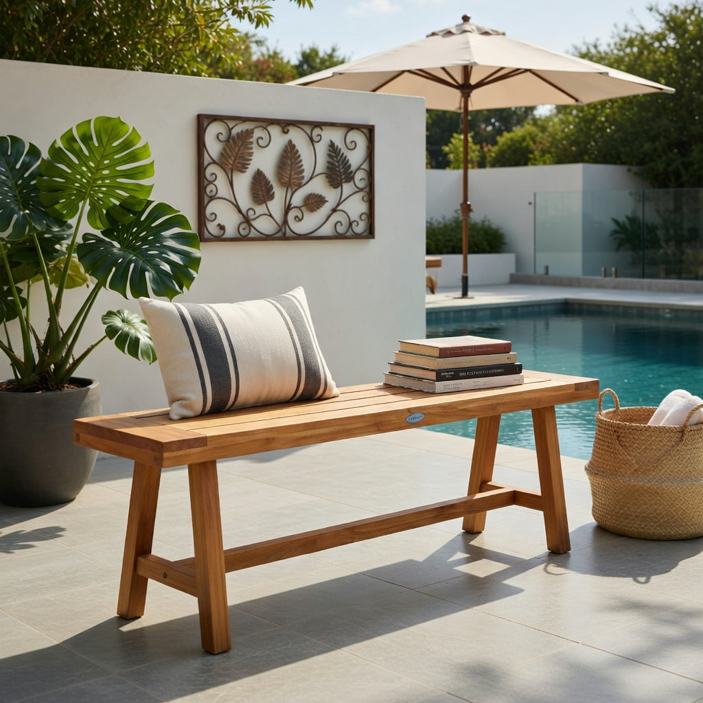 Hommoo 63" Teak Wood Bench, Sturdy Natural Solid Wood Seating for Dining Room, Entryway or Bedroom, Natural