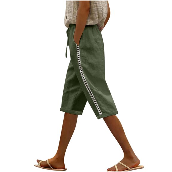 Hontri Flowy Shorts for Women Womens Casual Solid Side Pockets Pants Shorts Elastic Waist Pockets Daily Mid Long Lace Shorts Beach Shorts for Women