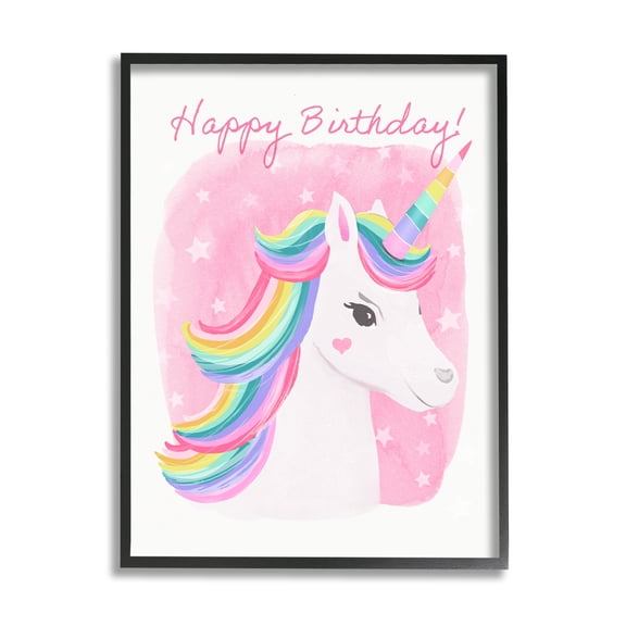 Stupell Industries Happy Birthday Unicorn Fairy Tales & Fantasy Painting Black Framed Art Print Wall Art, 11 x 14