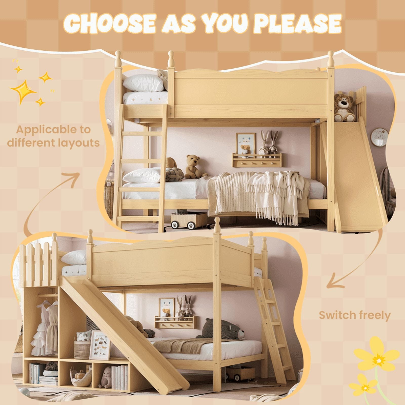 Full Over Full Bunk Bed with Slide and Ladder, Solid Wood Kids Bunk Bed with Storage Shelves and Hanging Rod, Low Profile Design, Full-Length Guardrails