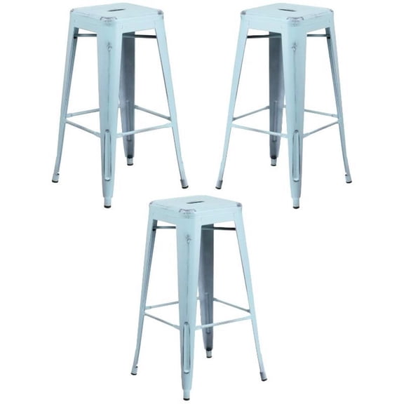 Home Square 30" Metal Backless Bar Stool in Distressed Green-Blue - Set of 3