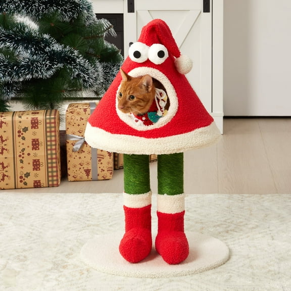 Heynemo Christmas Cat Tree Tower for Cats of All Sizes – Santa Hat Design with Scratching Posts & Cozy Cat Bed, Small to Large Cat Tower, Red