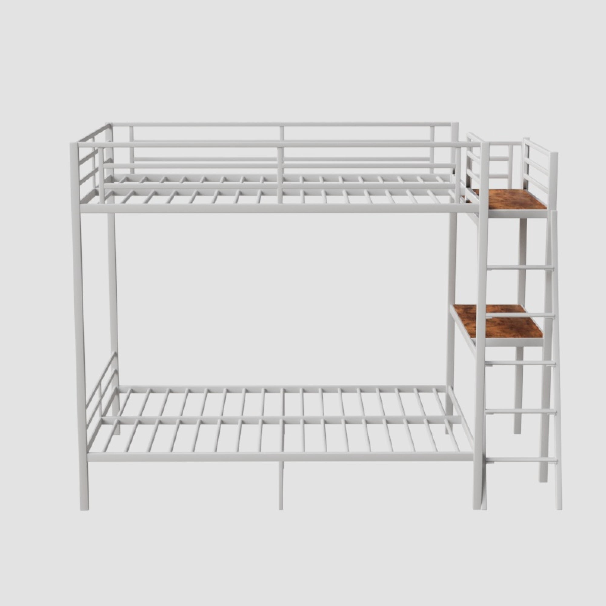 Leumius Full over Full Bunk Bed with Desk,Metal Bed Frame with Full Length Guardrails and Ladders, White