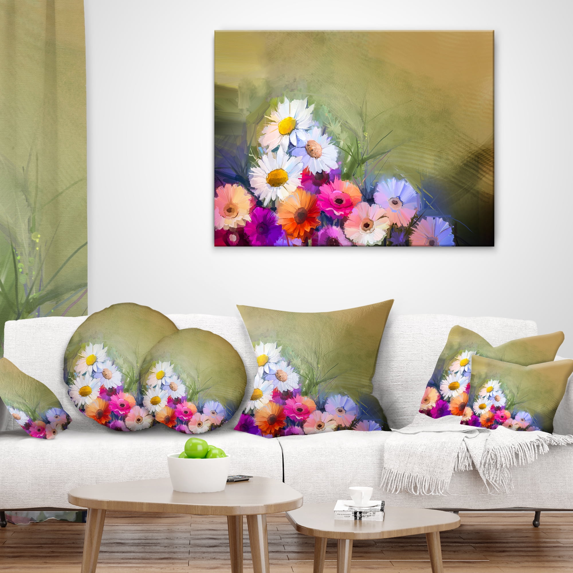 Designart White Sunflower and Gerbera Flowers - Floral Throw Pillow - 18x18