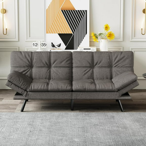 Futon Sofa Bed Convertible Couch, Grey Linen Sofa Bed with Memory Foam, Adjustable Backrest & Armrests, Multifunctional Small Loveseat Sleeper Sofa for Living Room, Apartment, Office