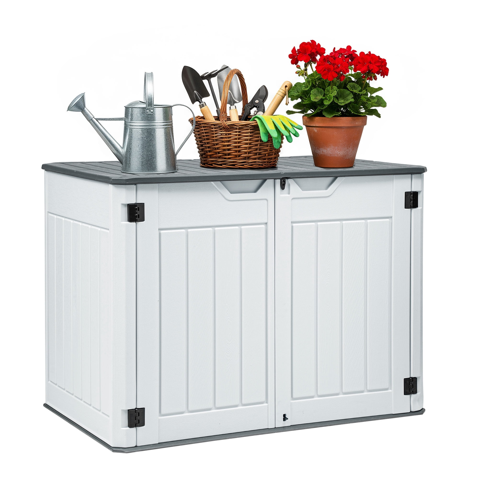 Uforic Large Outdoor Storage Shed, 47 Cu Ft Resin Tool Shed Without Shelves, Waterproof Storage with Built-In Floor for Trash Cans, Garden Tools and Lawn Mowers, Lockable Design, Light Gray