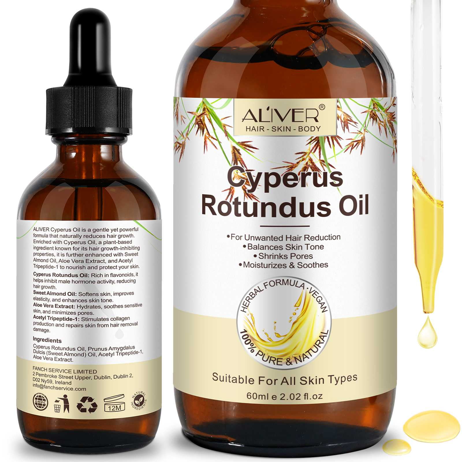 Aliver 100% Pure Cyperus Rotundus Oil for Hair Removal. Moisturizes, Soothes, Reduces Unwanted Hair. For All Skin Types. 2.02 fl oz