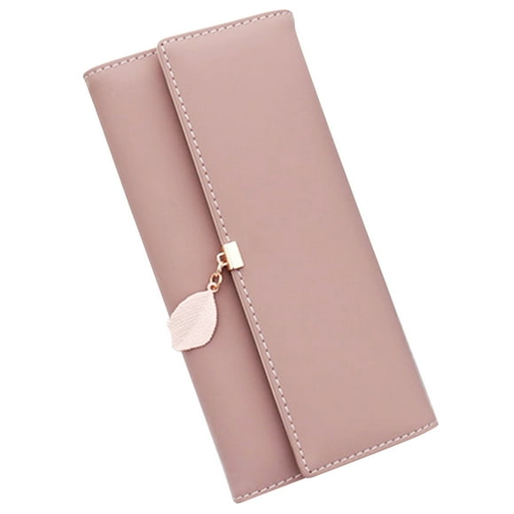 Cartera larga para mujer, billetera triple de PU, gran capacidad con colgante de hoja, tarjetero portátil, billetera para adultos, color rosa diario