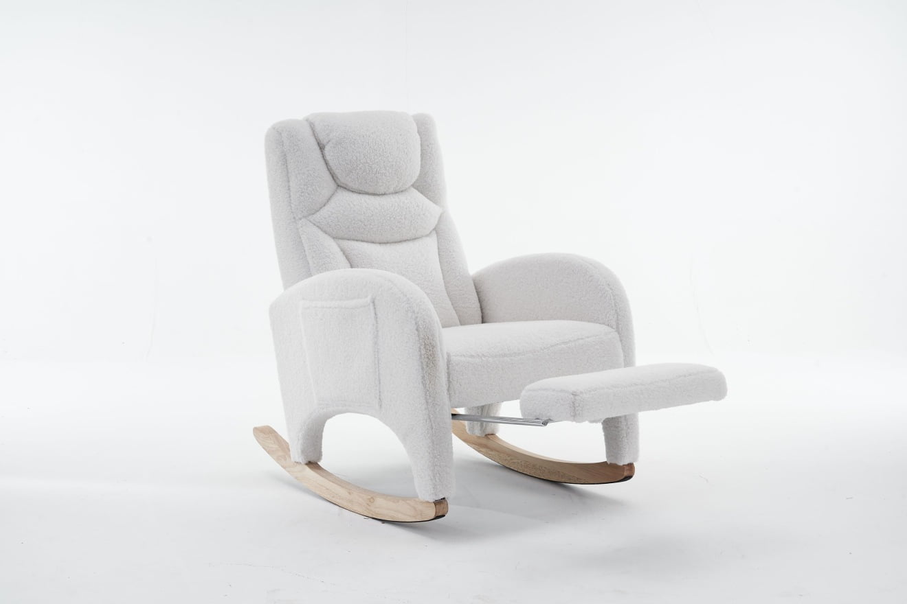 Rocking Chair Nursery, Nursery Rocking Chairs with Adjustable Footrest & Side Pocket, Comfy Rocking Chairs in Teddy Fabric, Reading Arm Glider Chair for Bedroom, Living Room, Office, Ivory