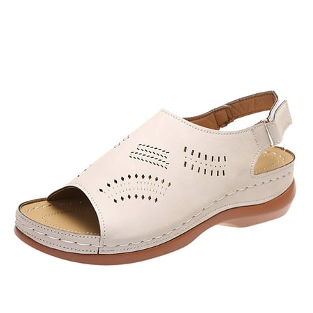 

Women s Casual Solid Color Cutout Round Toe Hook&Loop Vintage Wedge Sandals Clear Studded Sandals for Women Flat Work Sandals for Women