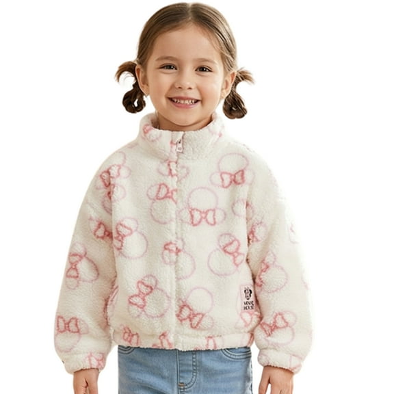 Disney Minnie Mouse Girls Sherpa Coat Jacket, Fleece Mock Neck Full Zip Coat for Little Girls 4-6X
