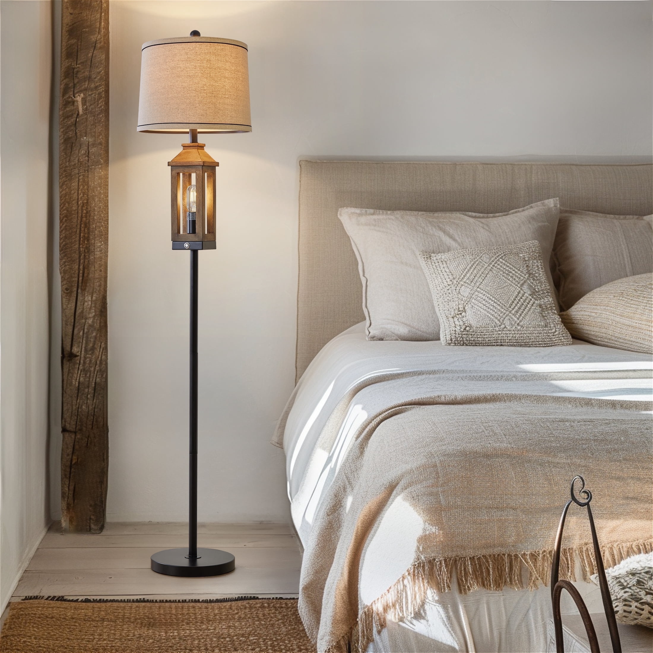 Oneach 63" 3 Way Dimmable Farmhouse Floor Lamp with 2 Light Sources ,Brown Metal Tall Standing Lamp for Bedroom, Living Room, Home