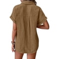 thumbnail image 5 of Pxiakgy Women Linen Button Down Shirt Rolled Cuffed Short Sleeve Blouse Ladies Summer Casual V Neck Beach Double Layer Wrinkled Fabric Tops Batwing Sleeve Pocket Patched Shirt Coffee Xxl, 5 of 7