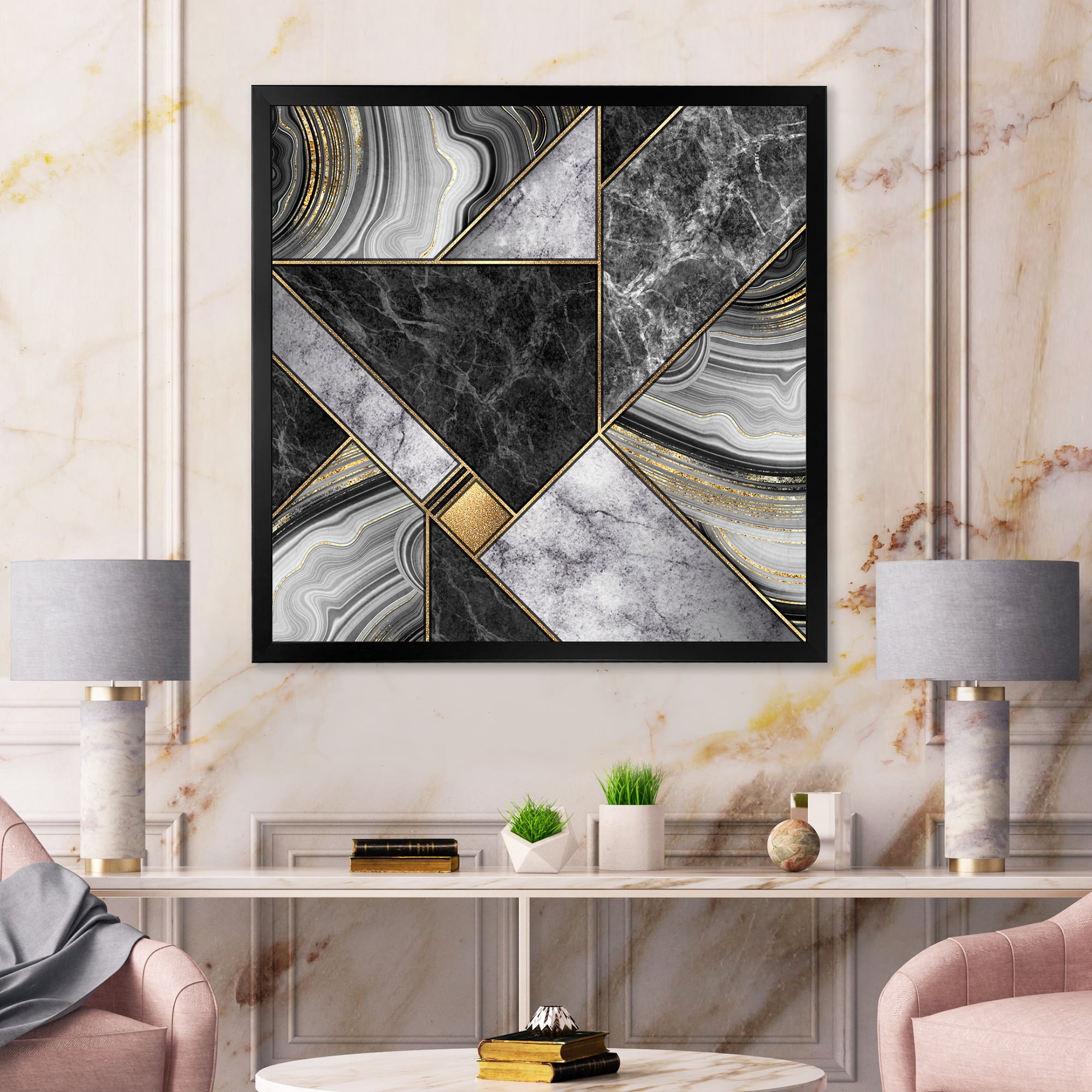Designart 'Touches Of Gold With Marble Granite Agate' Modern Framed Art Print