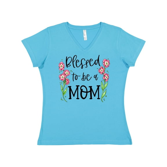 Inktastic Blessed to Be a Mom Pink Flowers Women's V-Neck T-Shirt