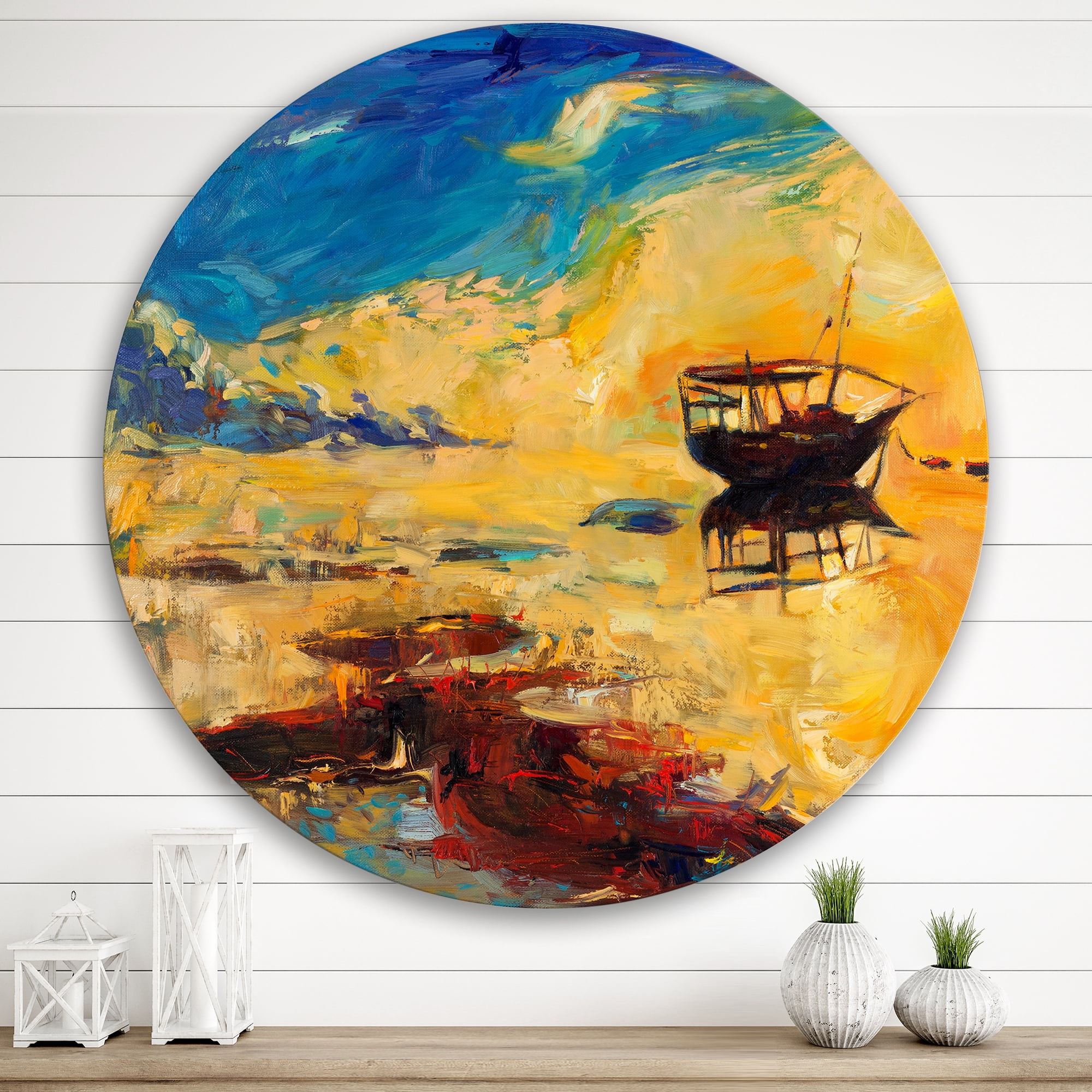 Designart 'Abstract Boat At The Ocean Horizon During Sunset' Nautical & Coastal Circle Metal Wall Art 36x36 - Disc of 36
