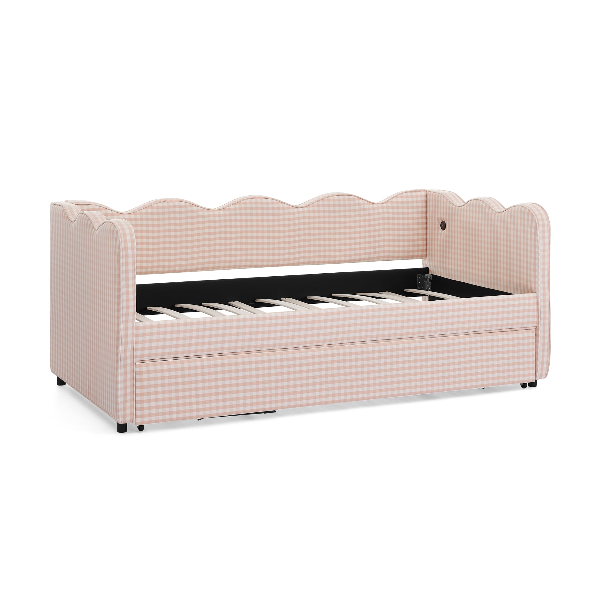 GARITIN Twin Size Daybed with Trundle, Gingham Sofa Bed with USB Port and Wavy Shape Headboard for Kids Room, Pink