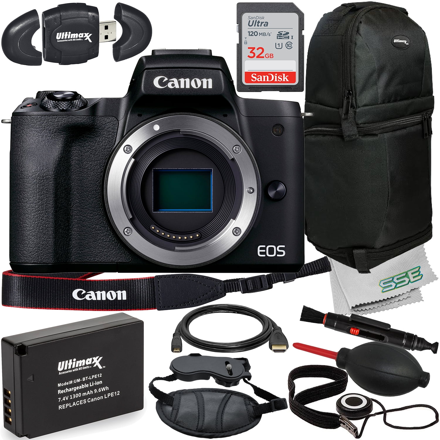Canon EOS M50 Mark II Mirrorless Camera (Black Body Only) with Essential Accessory Bundle