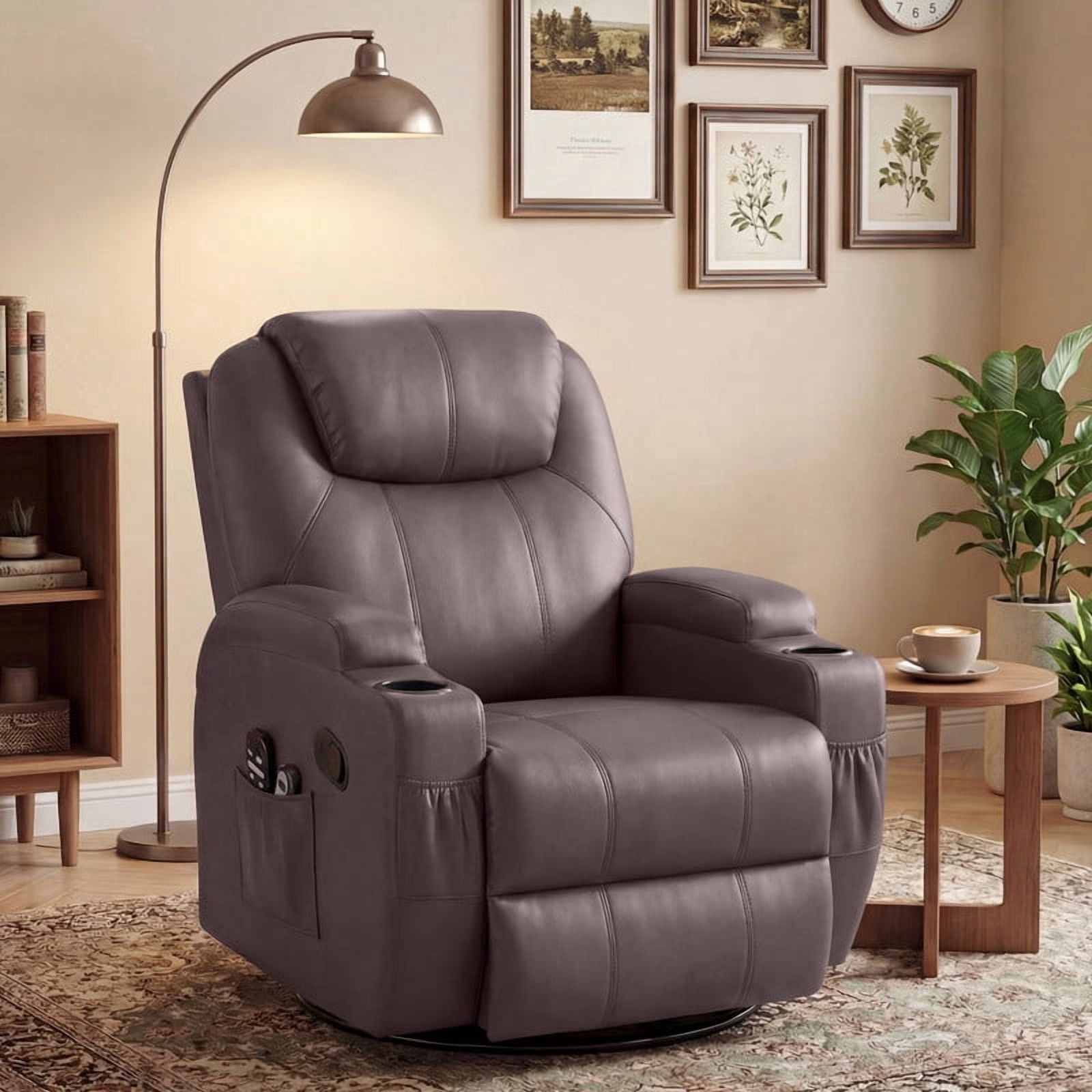 Lacoo PU Leather Swivel Rocker Recliner with Massage for Living Room Small Spaces Lounge Recliner Chair with Side Pockets for Adults,PU Brown
