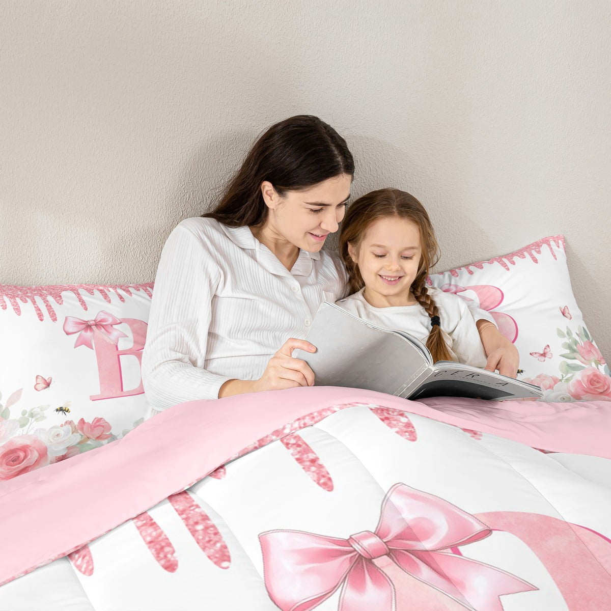 jejeloiu Initial Letter B Twin Bedding Sets 7-Piece,Vintage Rustic Flower Bedding Comforter Set,White Pink Bowtie Sheet Sets For Girls,Breathable Bedroom Decoration Reversible