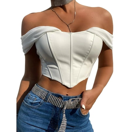 

Spring hue Women PU Leather Bustier Crop Top Corset Vest Off Shoulder Tank Camis