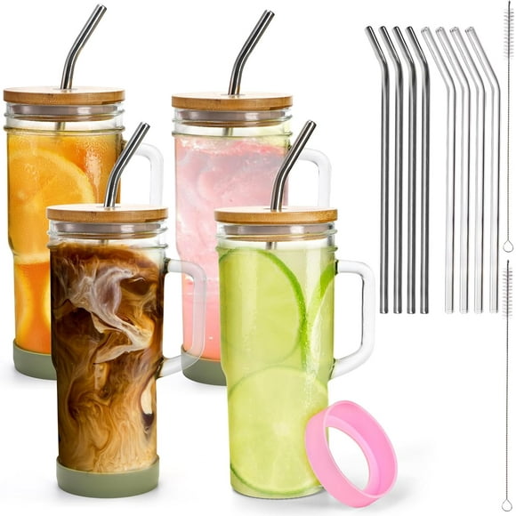 shiyou-4 Pack Glass Tumbler Cups with Handle, 24 oz Mason Jar with Bamboo Lids and Straws, Reusable Coffee Cups Drinking Glasses for Iced Coffee, Smoothies, Beer, Juice and Bubble Tea, Gift