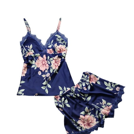 

ZAXARRA 2PCS Women Silk Satin Lace Shorts Sleepwear Babydoll Nightdress Pajamas Set