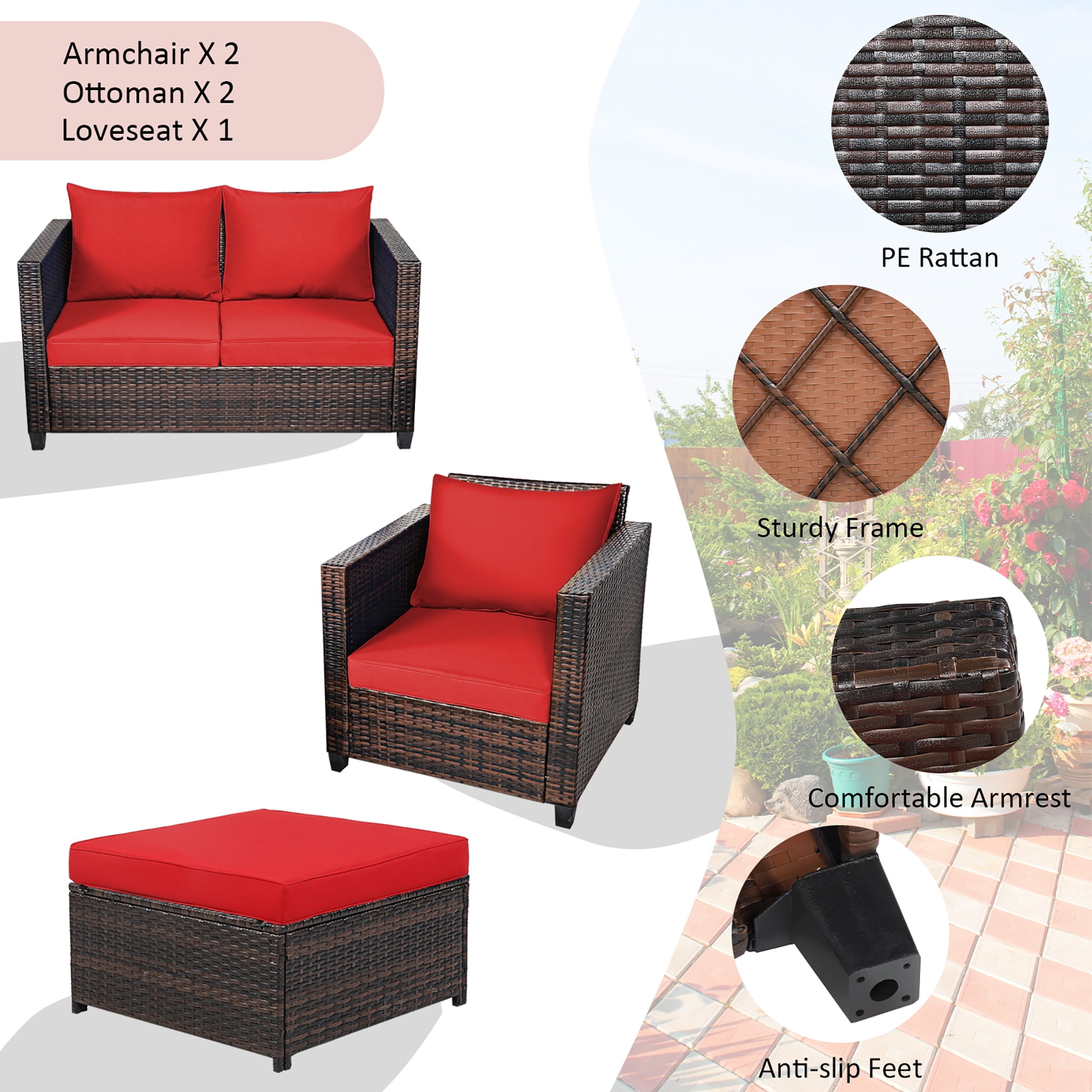Costway 5PCS Patio Rattan Furniture Set Loveseat Sofa Ottoman Cushioned Red