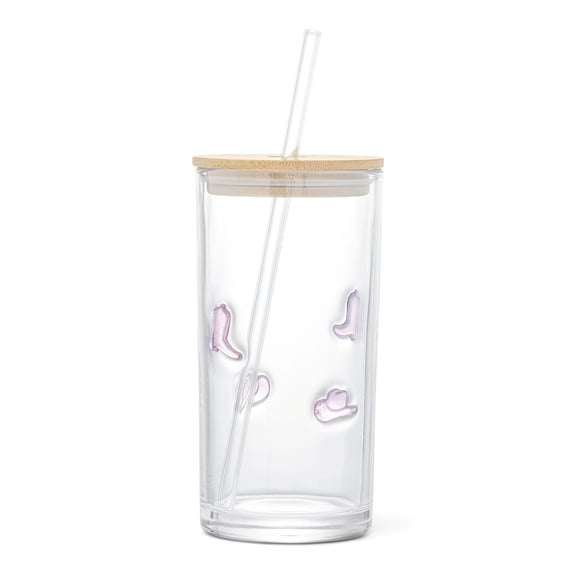 Thyme & Table 16 fl oz Pink Cowboy Charms Sipper with Glass Straw and Wood Lid