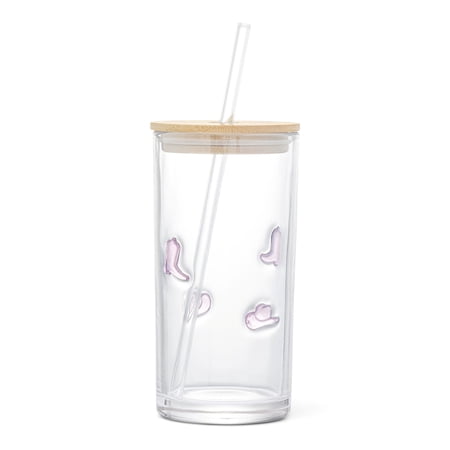 Thyme & Table 17 fl oz Pink Cowboy Charms Sipper with Glass Straw and Wood Lid