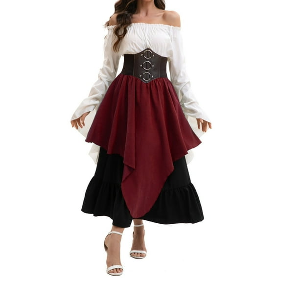 VOGUES Renaissance Dress Asymmetrical Skirt, Long Dress, Top, And Waist Cincher Set - Red Xs Festival Outfits For Women