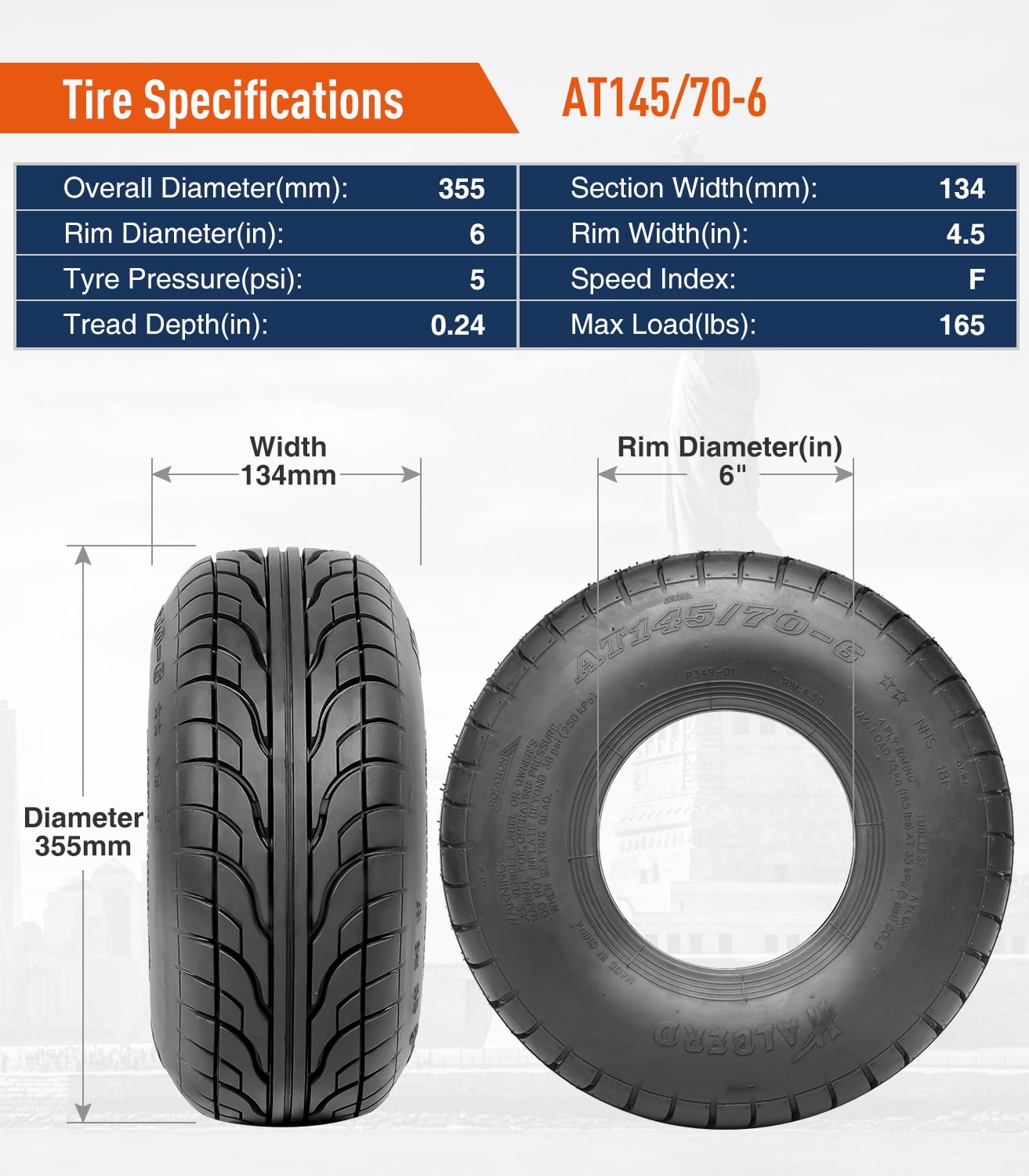 Set 2 HALBERD 145/70-6 4PR Go Kart Street Mini Bike ATV Tires, 145 70-6 Off-road Tires, Tubeless