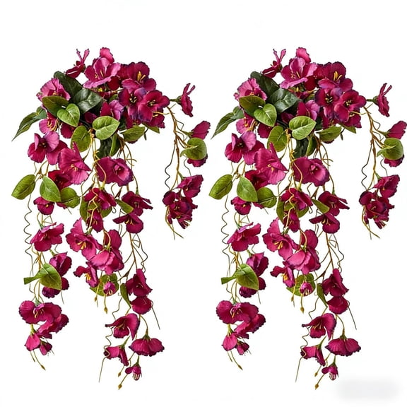Artificial Hibiscus Fake Hanging Flowers Plants for Outdoors Spring Summer Decor, 2pcs Fuchsia Silk Hibiscus Long Trailing Vines UV Resistant Realistic Faux Flower for Outside Front Door Porch Patio
