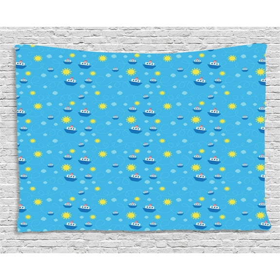 Yellow and Blue Tapestry, Childish Cartoon Marine Pattern Boats on the Ocean with Sun, Wall Hanging for Bedroom Living Room Dorm Decor, 60W X 40L Inches, Blue Navy Blue and Yellow, by Ambesonne