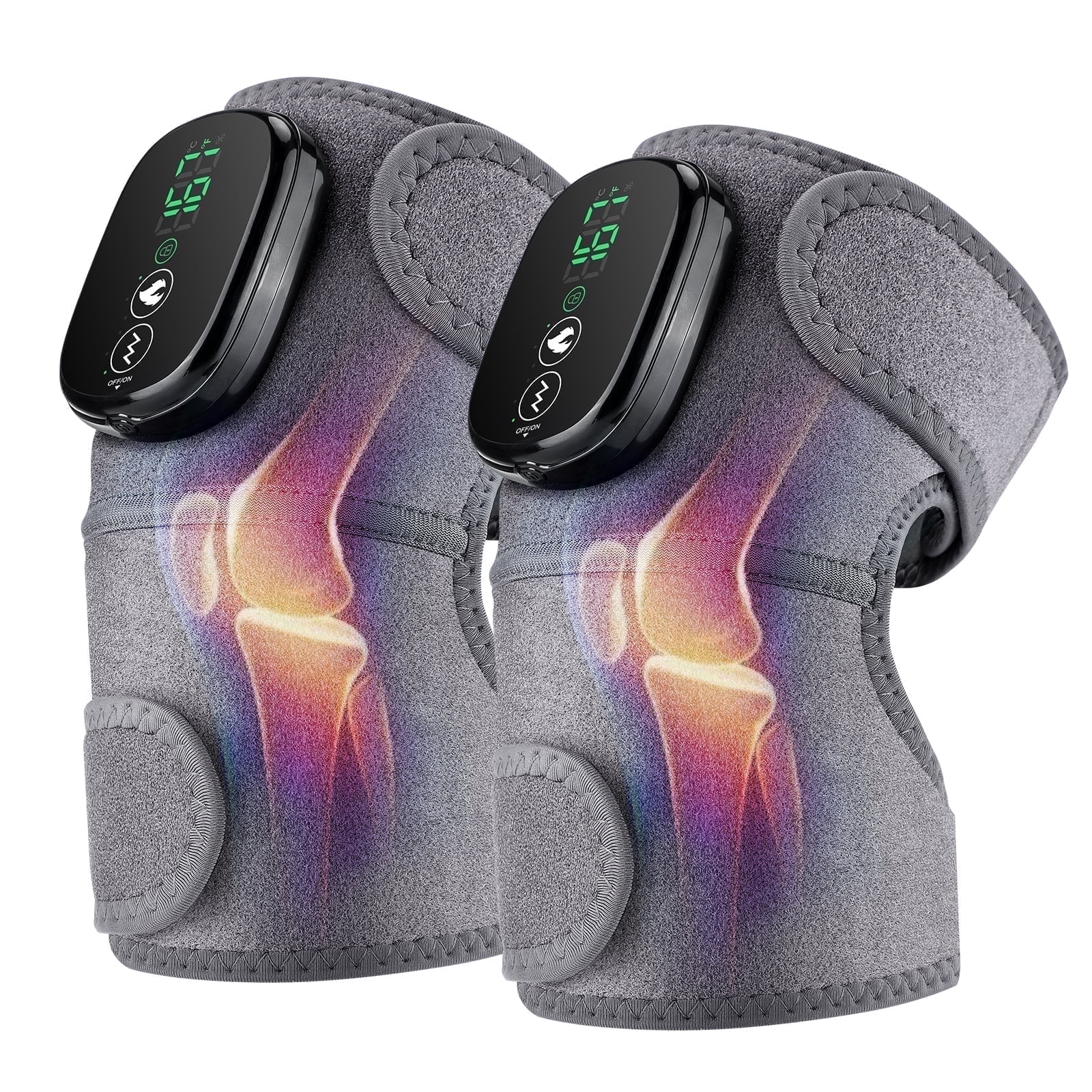 Cordless Knee Massager with Heat, 3 in 1 Heated Knee Massager for Elbow Shoulder Wrap with 3 Vibration & Heating Modes, 5000mAh Rechargeable, Adjustable Straps, Gray (2 Pack)