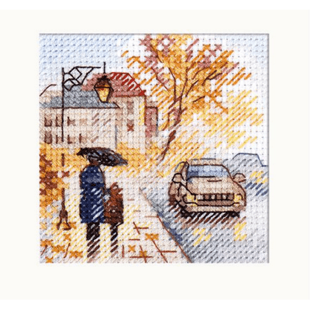 UPC: 4610009346656 | Cross-Stitch Kit Autumn In The City. Wet boulevard 0-218 Street Car Needlework Orange