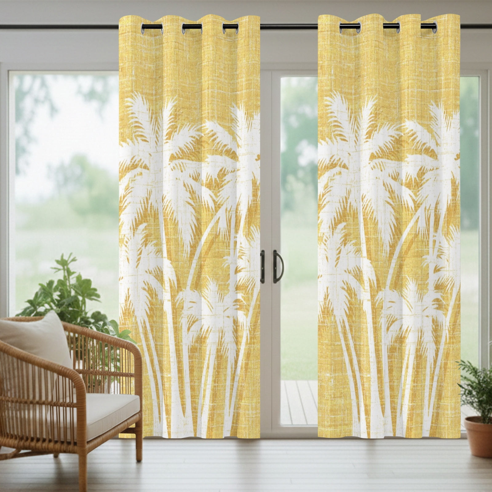Palm Tree Outdoor Curtains for Patio, Tropical Plant Coastal Summer Yellow Sunshade Privacy Drapes Grommet Waterproof Outside Curtains for Porch/Cabana/Balcony 54"x 108", 1 Panel