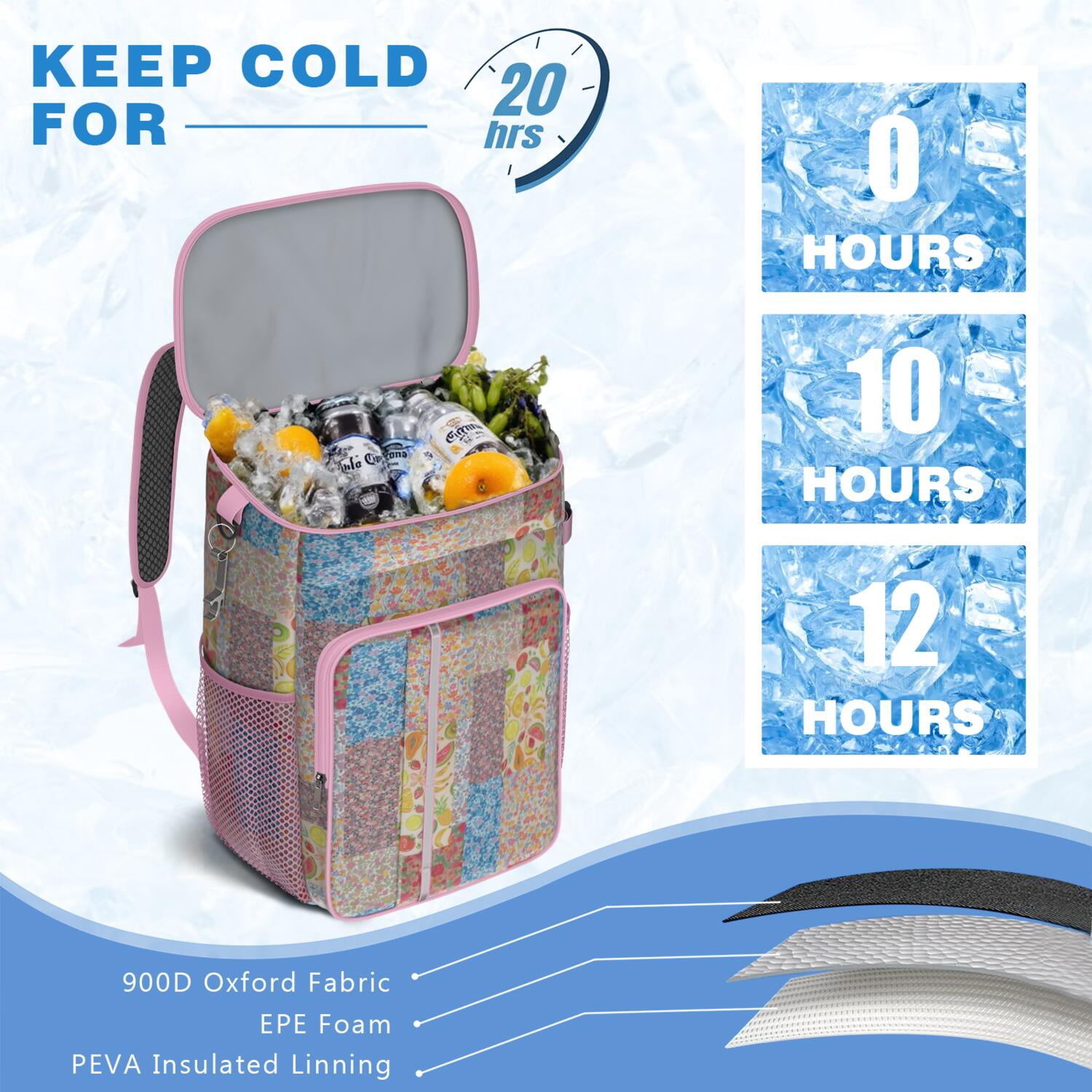 Travel Cooler Bag - Pioneer Flower Camping Beer Cooler Backpack with Bottle Opener- Waterproof Insulated Picnic Backpacks - Cooler Bag for Beach
