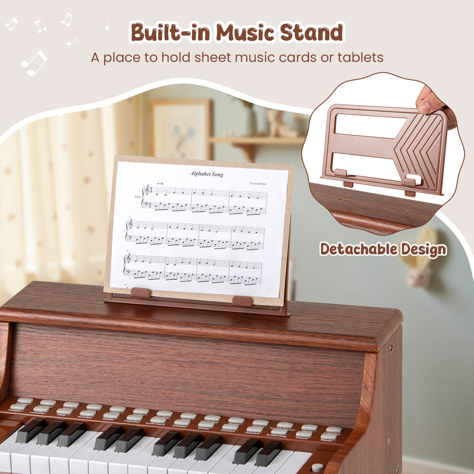 Costway 25 Keys Digital Piano with Music Stand Stool Lighted Keys Teaching Mode for 3+ Kids Brown